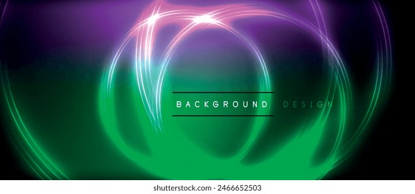 Neon glowing circle rays, light round lines in the dark, planet style neon wave lines. Energetic electric concept design for wallpaper, banner, background