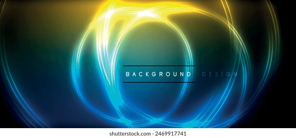 Neon glowing circle rays, light round lines in the dark, planet style neon wave lines. Energetic electric concept design for wallpaper, banner, background