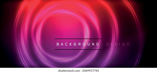 Neon glowing circle rays, light round lines in the dark, planet style neon wave lines. Energetic electric concept design for wallpaper, banner, background