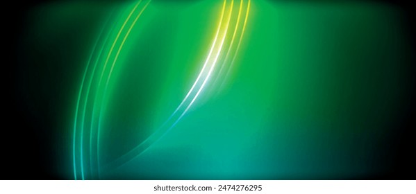 Neon glowing circle rays, light round lines in the dark, planet style neon wave lines. Energetic electric concept design for wallpaper, banner, background