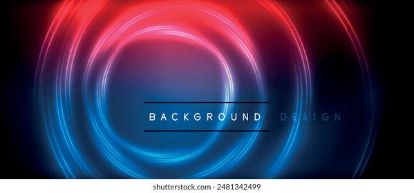 Neon glowing circle rays, light round lines in the dark, planet style neon wave lines. Energetic electric concept design for wallpaper, banner, background