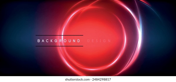 Neon glowing circle rays, light round lines in the dark, planet style neon wave lines. Energetic electric concept design for wallpaper, banner, background