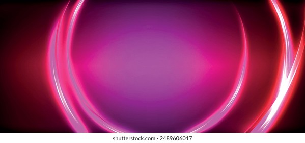 Neon glowing circle rays, light round lines in the dark, planet style neon wave lines. Energetic electric concept design for wallpaper, banner, background