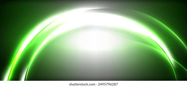Neon glowing circle rays, light round lines in the dark, planet style neon wave lines. Energetic electric concept design for wallpaper, banner, background