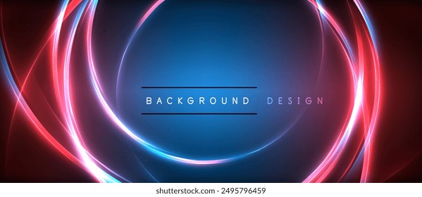 Neon glowing circle rays, light round lines in the dark, planet style neon wave lines. Energetic electric concept design for wallpaper, banner, background