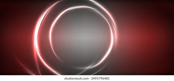 Neon glowing circle rays, light round lines in the dark, planet style neon wave lines. Energetic electric concept design for wallpaper, banner, background