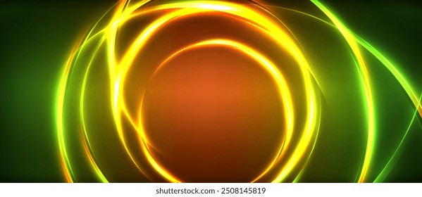 Neon glowing circle rays, light round lines in the dark, planet style neon wave lines. Energetic electric concept design for wallpaper, banner, background