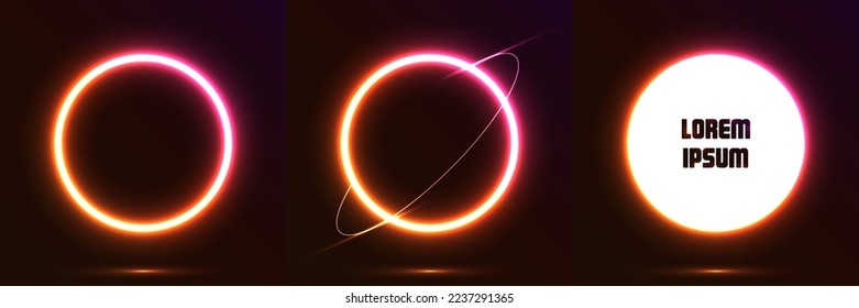 Un círculo brillante neón sobre un fondo oscuro. Planilla de neón circular para cualquier texto. Banner de neón, diseño de luz. Ilustración vectorial