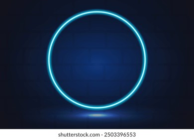 Neon glowing circle, sign, frame in blue colour with brick wall on background. 