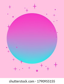 Neon glowing circle with sparkles on pink background. Cute vaporwave style illustration.