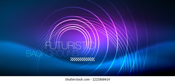 Neon glowing circles background, vector energy magic template