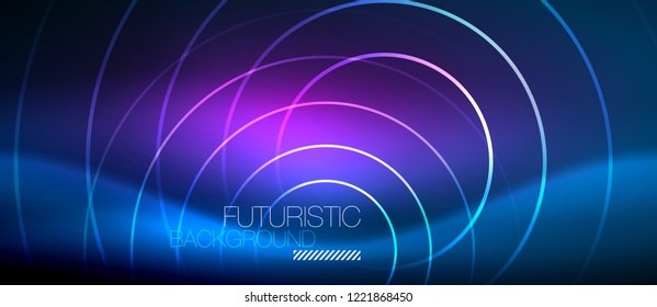 Neon glowing circles background, vector energy magic template
