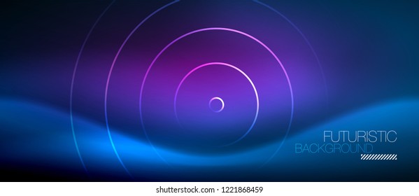 Neon glowing circles background, vector energy magic template