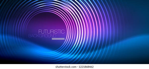 Neon glowing circles background, vector energy magic template