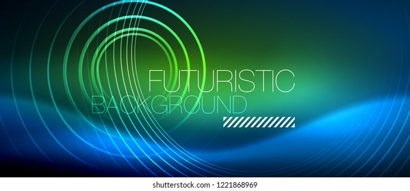 Neon glowing circles background, vector energy magic template