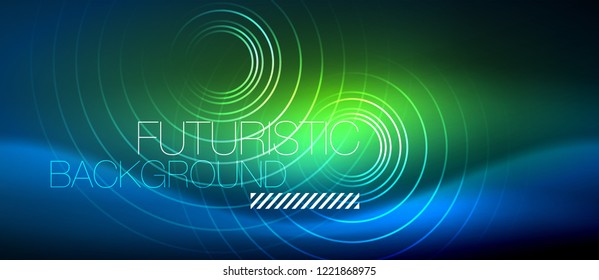 Neon glowing circles background, vector energy magic template