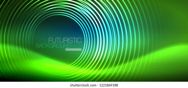 Neon glowing circles background, vector energy magic template