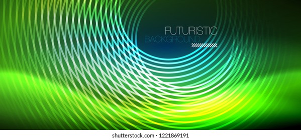 Fondo de los círculos brillantes neones, plantilla de magia de energía vectorial