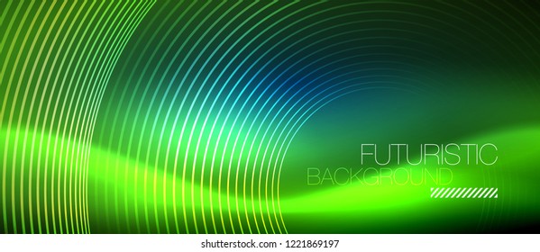 Neon glowing circles background, vector energy magic template