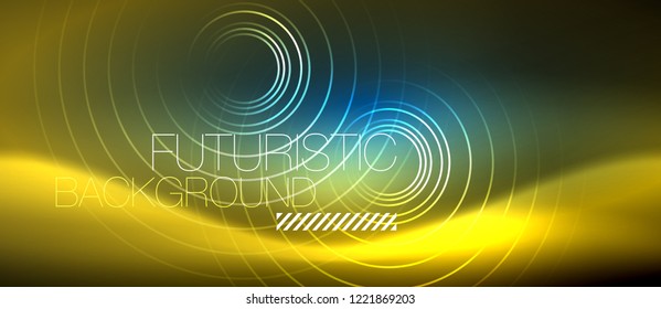Neon glowing circles background, vector energy magic template