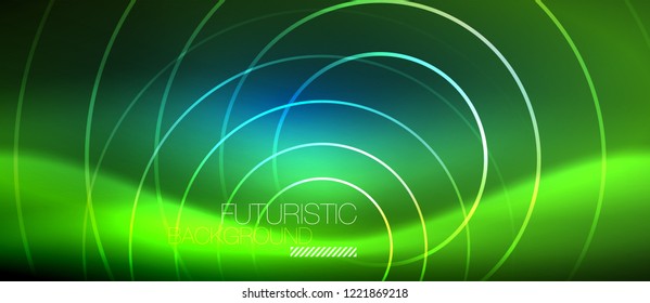 Neon glowing circles background, vector energy magic template