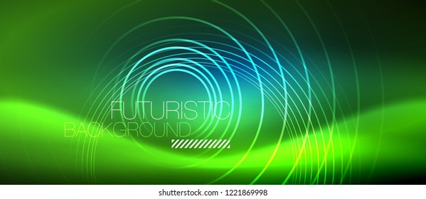 Neon glowing circles background, vector energy magic template