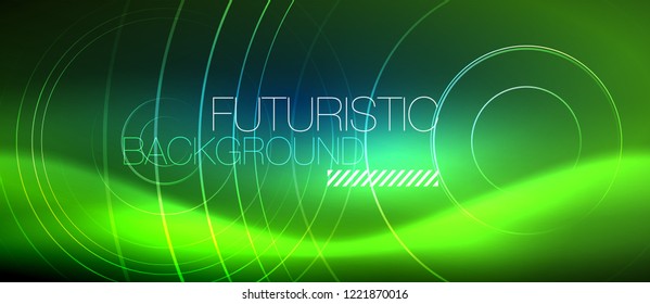 Fondo de los círculos brillantes neones, plantilla de magia de energía vectorial