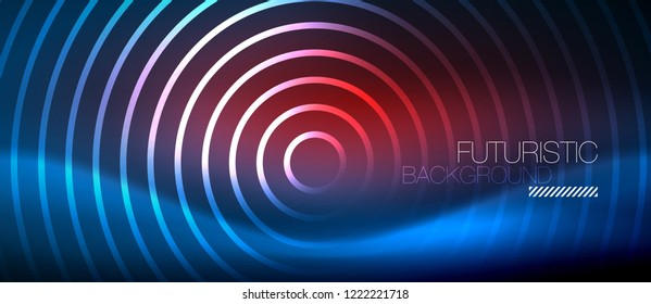 Neon glowing circles background, vector energy magic template