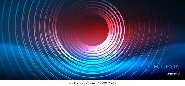 Fondo de los círculos brillantes neones, plantilla de magia de energía vectorial