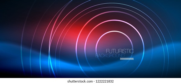Neon glowing circles background, vector energy magic template