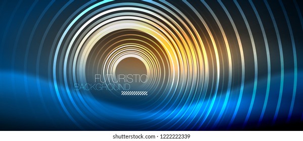 Neon glowing circles background, vector energy magic template