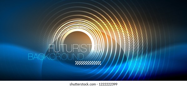 Neon glowing circles background, vector energy magic template