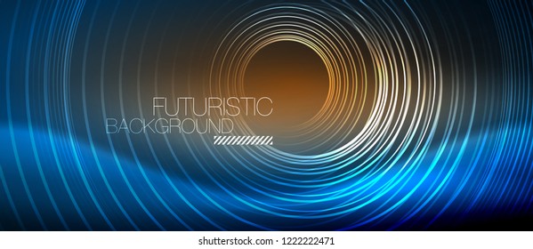Neon glowing circles background, vector energy magic template