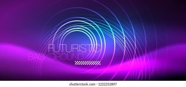 Neon glowing circles background, vector energy magic template