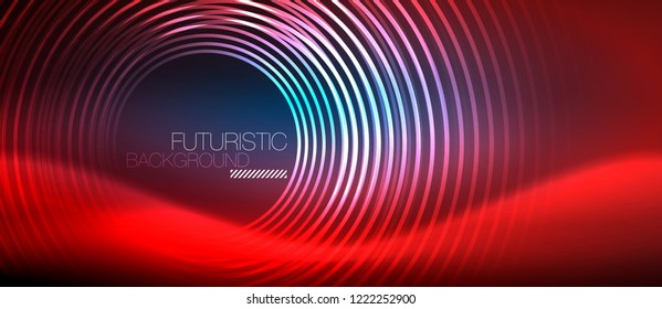 Neon glowing circles background, vector energy magic template