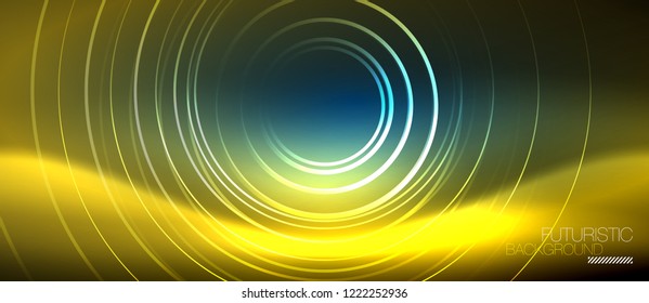 Neon glowing circles background, vector energy magic template