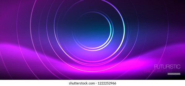 Neon glowing circles background, vector energy magic template