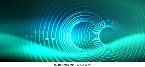 Fondo de los círculos brillantes neones, plantilla de magia de energía vectorial