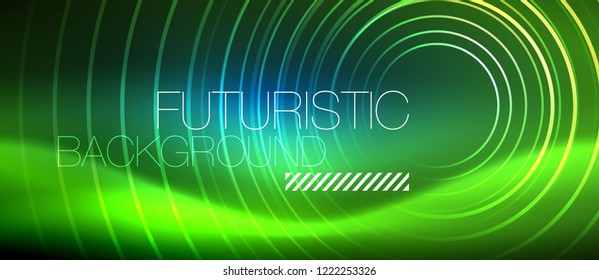 Neon glowing circles background, vector energy magic template