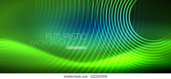 Neon glowing circles background, vector energy magic template
