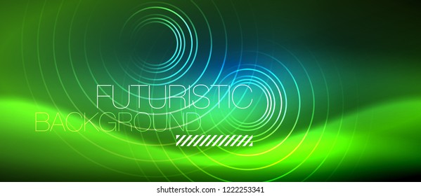 Neon glowing circles background, vector energy magic template