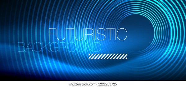 Neon glowing circles background, vector energy magic template