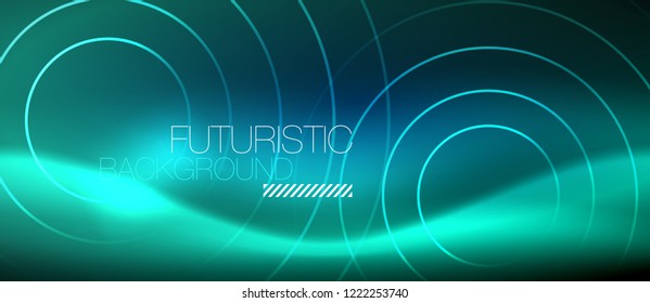 Neon glowing circles background, vector energy magic template
