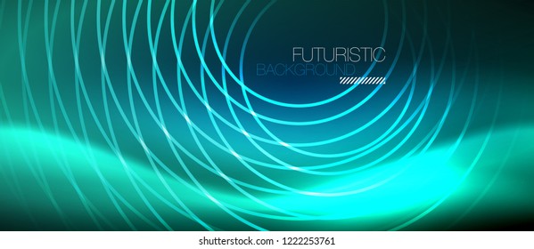 Fondo de los círculos brillantes neones, plantilla de magia de energía vectorial