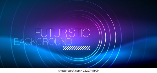 Neon glowing circles background, vector energy magic template