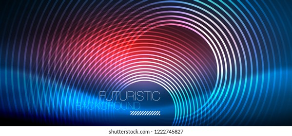 Neon glowing circles background, vector energy magic template
