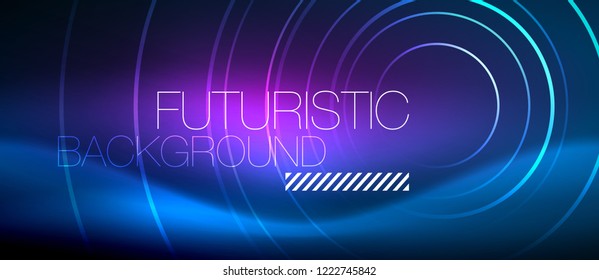 Neon glowing circles background, vector energy magic template