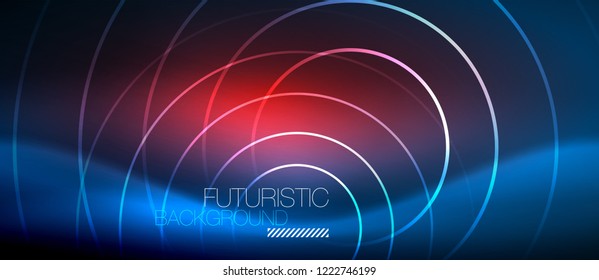 Neon glowing circles background, vector energy magic template