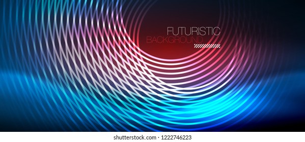 Neon glowing circles background, vector energy magic template