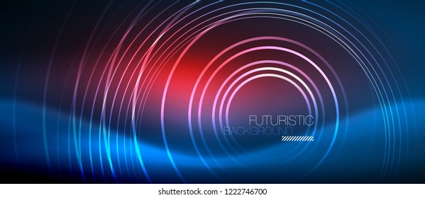 Neon glowing circles background, vector energy magic template